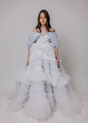 Blue Glitter Tulle Ruffled Flower Girl Dress